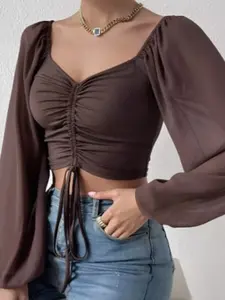 Summer V-Neck Chiffon Shirt Top, Drawstring Lantern Sleeve, Tight Fashion Sexy Design, Women's Clothing, Trendy and Stylish