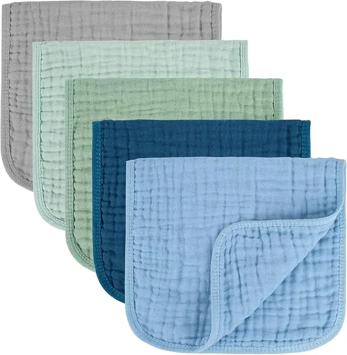 Baby Burp Cloths 100% Cotton Newborn Muslin Burp Cloths 10x20 inches Baby Essentials Blue & Green 5-Pack