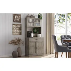71” Kitchen Pantry Storage Cabinet with Glass Doors and Microwave Stand, Open Countertop, Glass Doors, Adjustable Shelves, Cable Hole for Dining Room, Living Room