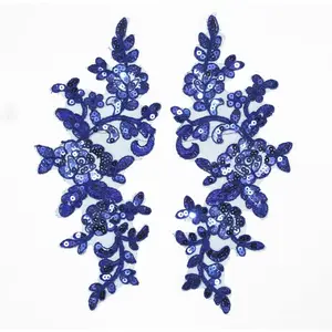 Pair of Embroidery Sequin Lace Applique Sewing Flower Fabric  Patch Motif Wedding Gown Dress Bridal DIY Crafts (Blue)