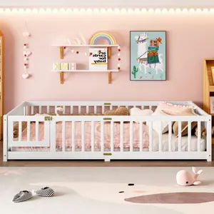 Queen Size Bed Floor Bed with Safety Guardrails and Door for Kids Floorbed