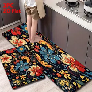 2/3 Piece Flannel Kitchen Mat Set, Vintage Ethnic Floral Design, Bohemian Style, Non-Slip, Absorbent, Home Decor