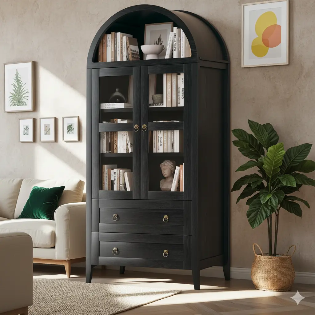 71" Tall Arched Kitchen Pantry, Pantry Cabinet, Kitchen Storage Cabinets with 2 Large Drawers & Adjustable Shelves & Glass Door for Living Room, Dining Room, Black