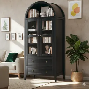 71" Tall Arched Kitchen Pantry, Pantry Cabinet, Kitchen Storage Cabinets with 2 Large Drawers & Adjustable Shelves & Glass Door for Living Room, Dining Room, Black