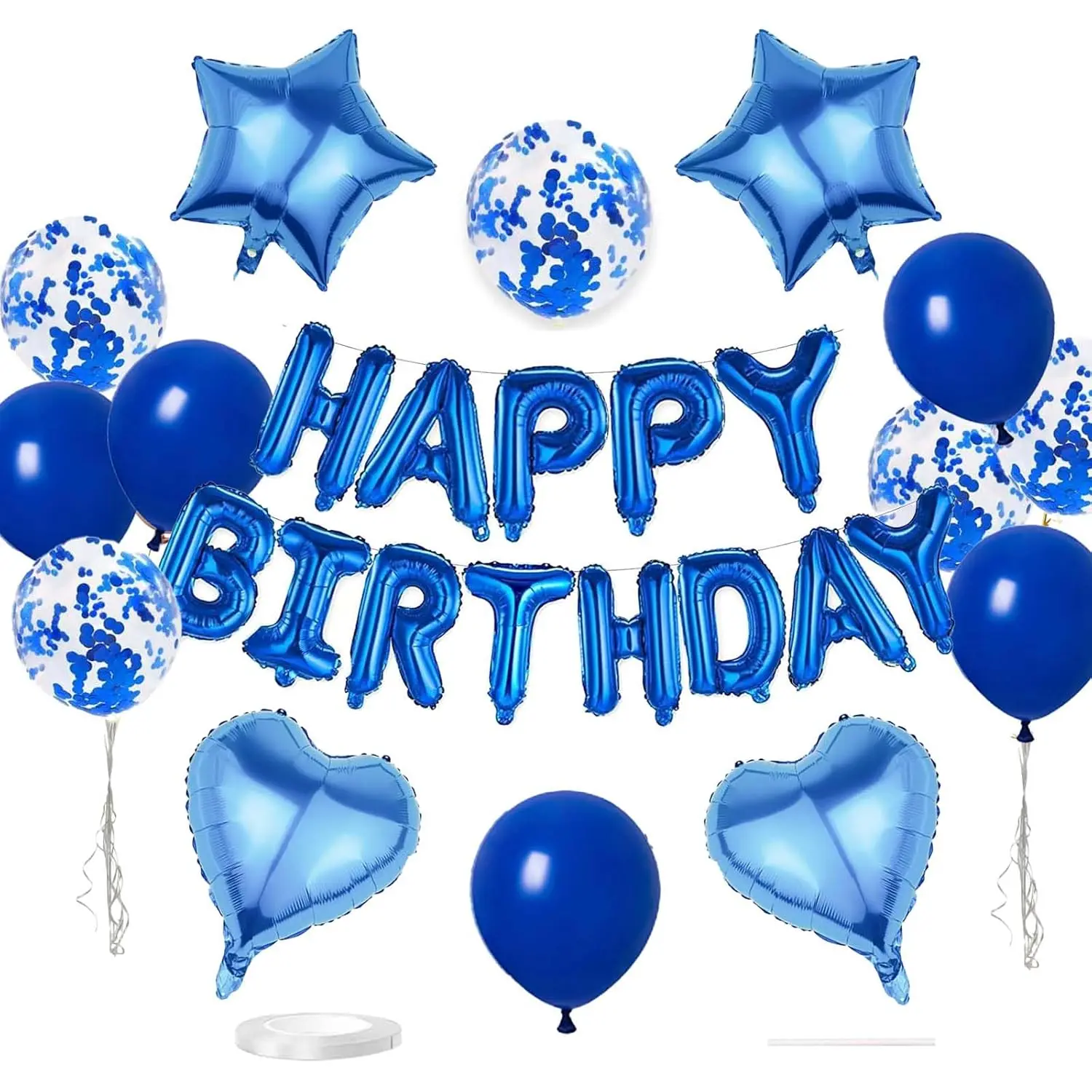 27-Piece Dark Blue Birthday Party Kit with 3D Balloons, Foil Banners & Confetti for Boys/Girls