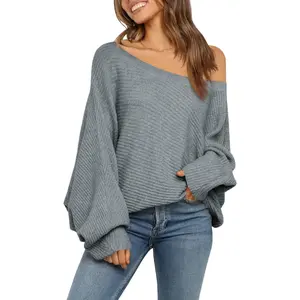 Women's Oversized Crewneck Sweater Batwing Puff Long Sleeve Cable Slouchy Pullover Jumper Tops