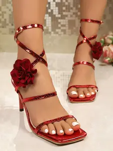 Women's New Floral Stiletto Sandals, High Heel Ankle Wrap Strap, Flower Decoration, Fashion Trendy Shoes