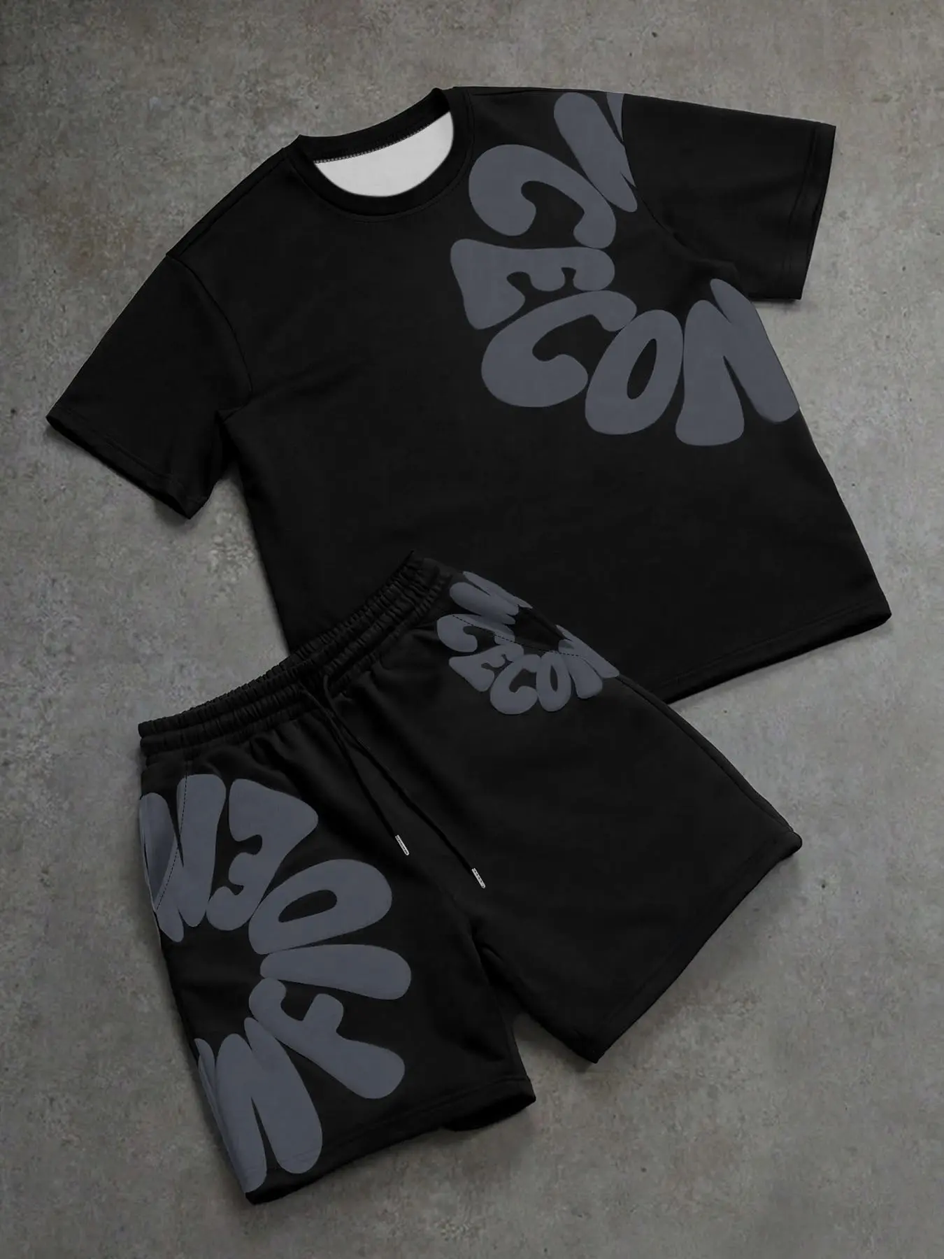 Letter Print Graphic Short-Sleeve Set, Unisex Loose-Fit Tee and Shorts, Casual Daily Wear, Comfortable for Home and Commute, Sporty Two-Piece Outfit