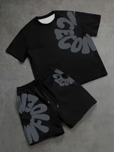 Letter Print Graphic Short Sleeve Set, Unisex Loose Fit Menswear Tee & Shorts, Casual Daily Wear, Comfortable Home & Commute, Sporty Two-Piece Set, Outfit