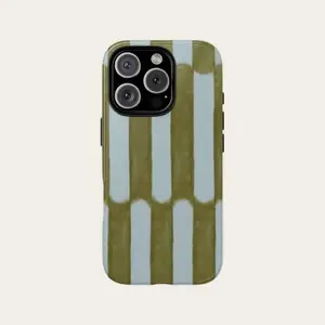 Watercolor striped TPU phone case in elegant blue and olive green tones. Shockproof and magnetic design for full protection, perfectly compatible with iPhone 17, 16, 15, 14 and 13 Pro Max.