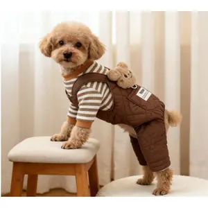 breathable pet overall style new Autumn Winter Cold-Proof Fleece Striped Large Pocket Overalls Pet Clothes Dog Thickened Soft Warm Cotton Teddy Bichon Cat Four-Legged Plush Bear One-Piece  Cartoon Small Dog dachshund merch dog clothes cute