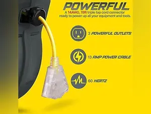 ReelWorks Mountable Retractable Extension Cord Reel - 14AWG x 50' Ft, 3 Grounded Outlets, Max 13A