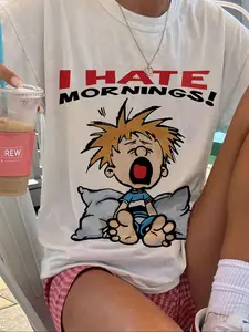 Women's Cartoon & Letter Print Round Neck Sleep Tee, Casual Soft Comfortable Short Sleeve Pajama T-Shirt for Daily Wear, Ladies Sleepwear for All Seasons, Womenswear