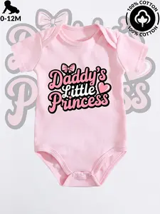 Baby Girls' "Daddy's Little Princess" Short Sleeve Bodysuit, Cute Pink Bow & Heart Newborn Romper