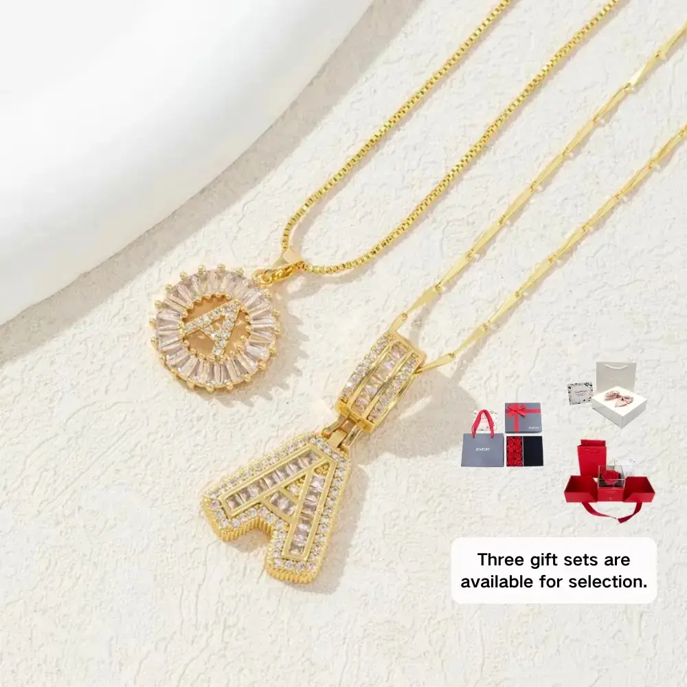 2-Piece Initial Necklace Set — 14K Gold-Plated & Zirconia Delicate Necklaces, Adjustable-Length Custom Name Necklaces, Personalized Round Pendants. A Jewelry Set for Holidays & Birthdays. An Exquisite Gift (Optional Gift Box Available).