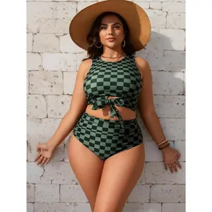 2026 Plus Size Green Checkered Tankini Set | High Neck Tie Front Cutout Top with High Waisted Ruched Bottoms for Beach Vacation