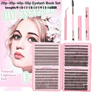 Mixed-length false eyelash kit including adhesive, sealant, remover, tweezers, and lash curler; creates a natural lash look; realistic lash clusters; lash enhancement; lash glue for extensions; individual false lashes; lash clusters; cosmetics; helps crea