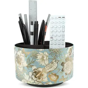 1-Blue Bird Round Leather Art Supply Organizer 360° Rotating Multi-Functional Pencil Holder 4 Compartments Wall Mount Tabletop Mount FFP