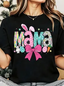 Easter "Mama Rabbit" Ears & Bow Graphic T-Shirt for Women | Cute Bunny & Colorful Pattern Design, Spring Celebration & Holiday Casual Shirt