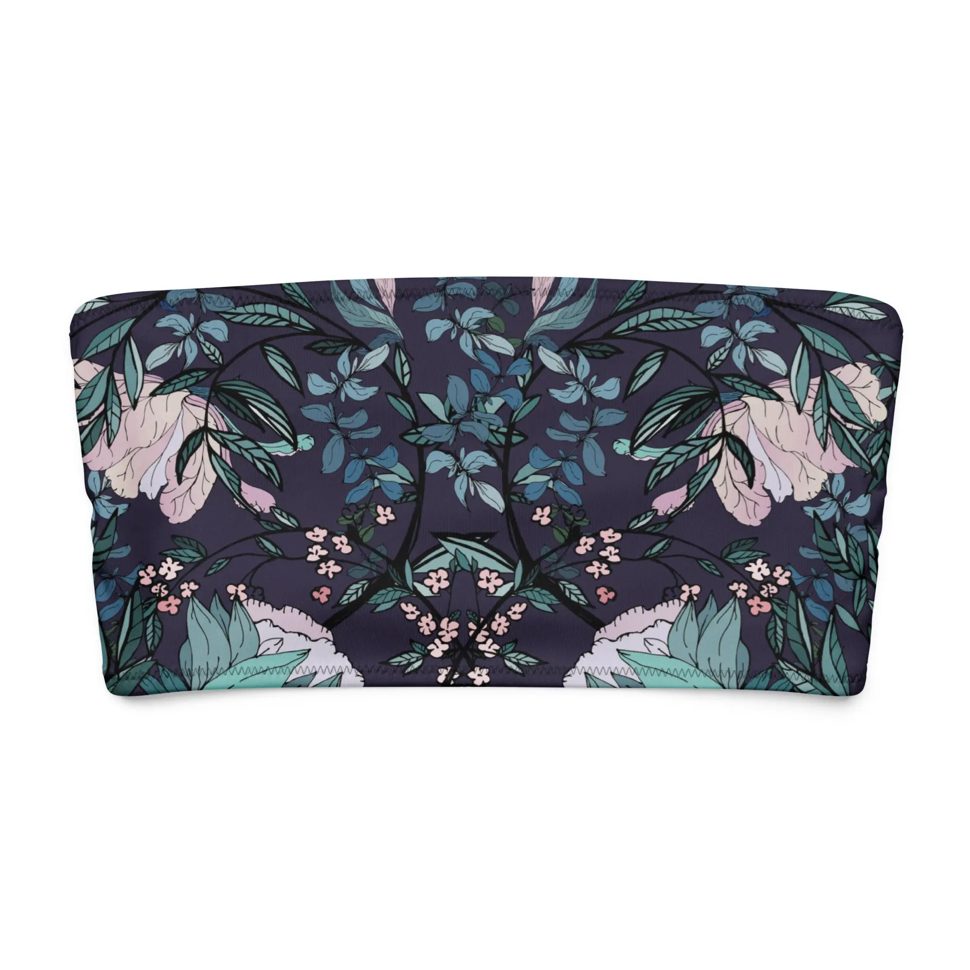 Women's Dark Fae Forest Strapless Bandeau Bikini Top - Recycled Polyester Swimwear, UPF 50+, Moisture-Wicking, Stretchy, Elastic, Dark Floral, Botanical, Multi-Size, Comfortable, Matching Bottom, Cold Wash, for Pool Parties, Surfing