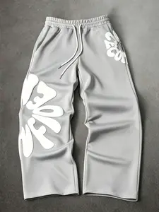 Men’s 3D Foam Letter Print Wide Leg Pants, Elastic Waist Drawstring Streetwear Trousers, Casual Baggy Joggers with Flower Shaped Graphic for Everyday, Street Style & Hip Hop Wear