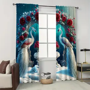 Peacock & Flower Pattern Curtain, 1 Pair Romantic Semi Blackout Curtain, Window Drapes for Home Living Room Bedroom Decor