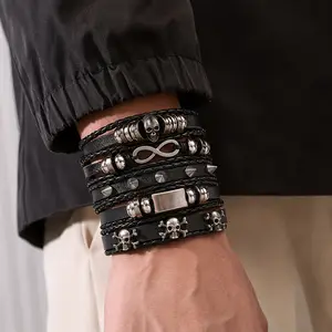 Viking Bracelet for Men 5Pcs Handmade Leather Braided Bracelet Set - Skull/Infinity/Spike Charm Adjustable Wristband for Punk Streetwear