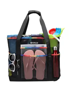 Large Capacity Beach Bag, Breathable Mesh Tote, Lightweight Swimming Pool Bag, Multiple Pockets, Casual Nylon Sports Bag