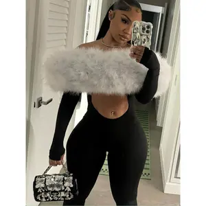 Joskaa 2025 Fall Women's Faux Fur Panel Bodycon Jumpsuit Sexy Hollow Off Shoulder Full Sleeve Skinny Rompers Midnight Clubwear