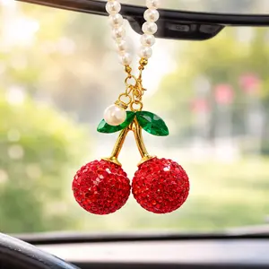 Cute Bling Car Interior Hanging Ornament, Car Interior Accessory, Rhinestone Cherry Rearview Mirror Decoration, Girls' Car Decor Gift, 1 Piece