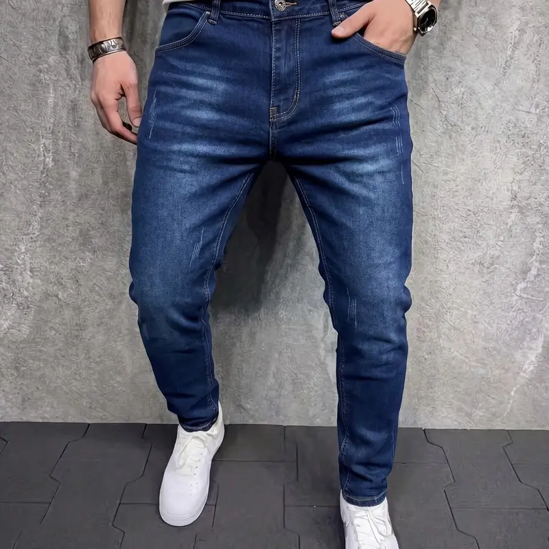 Men's  Stretch Classic Jeans Slim Fit Skinny Blue Denim Jeans, Denim Trousers, Button Fly Closure, Plain Pattern, All Seasons Fashion Wear