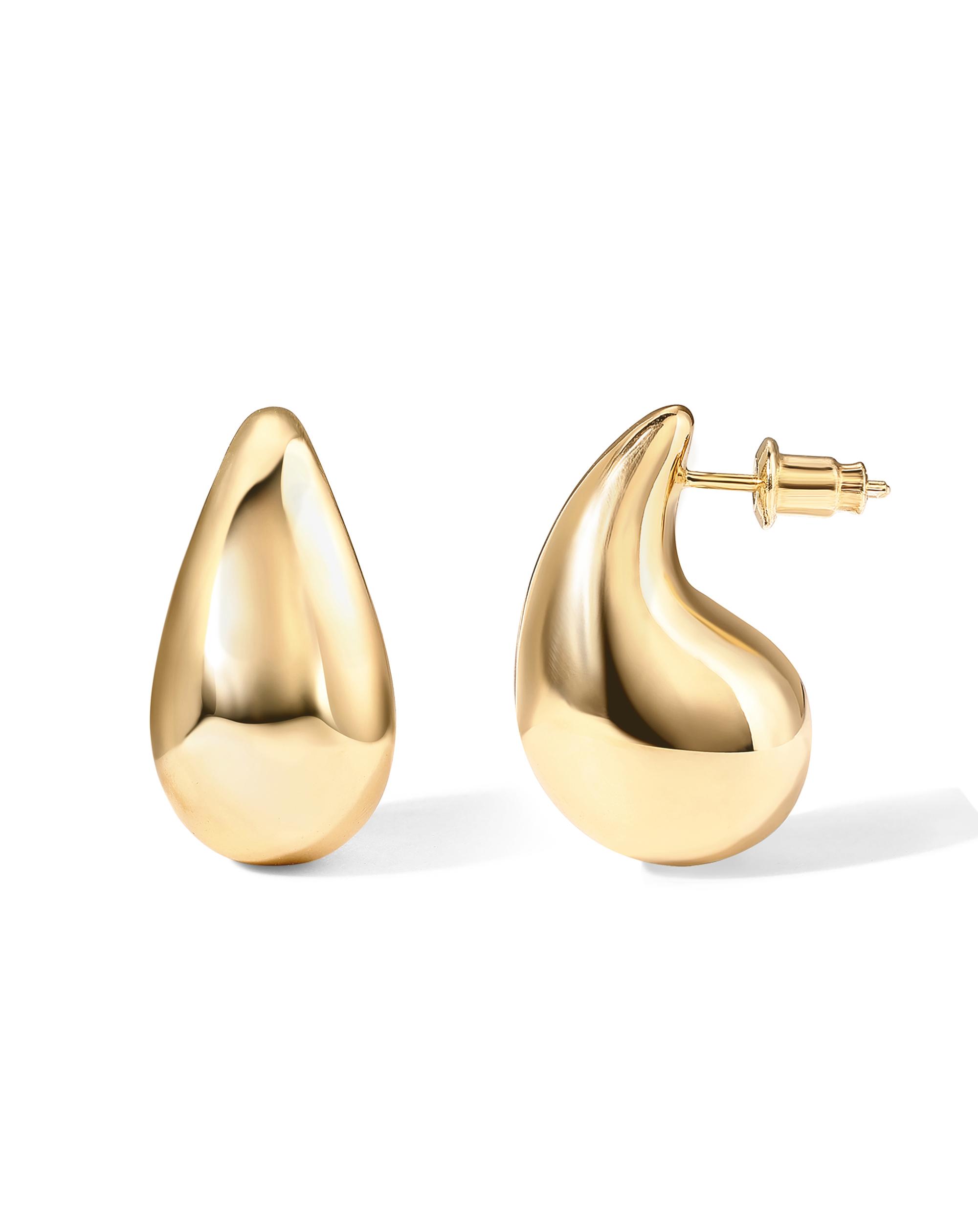 PAVOI 14K Gold Plated 925 Sterling Silver Post Teardrop Chunky Hoop Earrings - Chunky Drop Pendant Necklace & Stud Earrings Bundle for Women - 22mm and 31mm