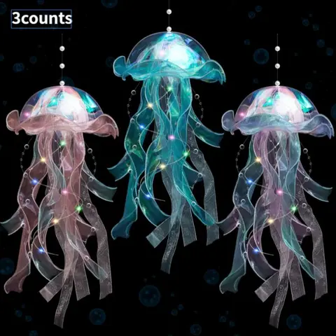 Jellyfish Design Light, 3 Counts Colorful Jellyfish Light, Hanging Jellyfish Decoration, LED Jellyfish Lantern for Festive Decoration, Home Party Decorations