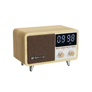 M-Amazup multifunctional wooden-grain radio, wireless audio, TF card player, audio input interface, FM radio, stereo speakers, MP3 player, clock radio with digital display and dual alarms