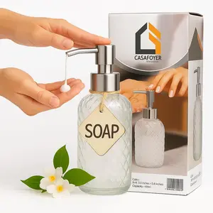Casafoyer Premium White Gem-Patterned Glass Soap Dispenser 15oz with Stainless Steel Pump Refillable Kitchen & Bathroom Hand Dish Soap Lotion Dispenser Decorative Smooth Clear Multi-Use Functionality