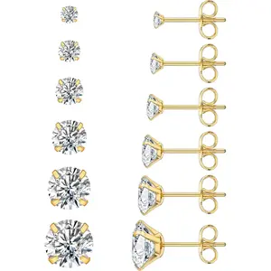 6 Pairs Stud Earrings Set, Hypoallergenic Cubic Zirconia 316L Earrings Stainless Steel CZ Earrings 3-8mm