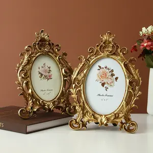 Vintage Oval Resin Photo Frame Decorative Stand, European Style Home Decoration for Living Room Bedroom Display Photos Gold Plated Frame