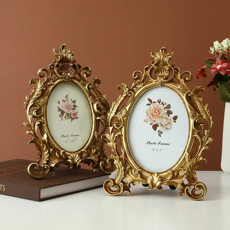 Vintage Oval Resin Photo Frame Decorative Stand, European Style Home Decoration Home Decor Accessory for Living Room Bedroom Display Photos Gold Plated Frame Golden Frame Oval Picture Frame