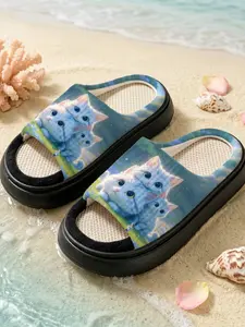 Dreamy Blue Three Cute Cats Home Slippers, Waffle Linen Breathable, Soft Plush Healing Sole, Comfortable Indoor Shoes
