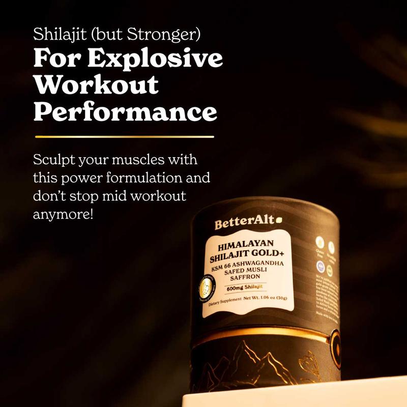 BetterAlt Himalayan GOLD+ Shilajit Resin with KSM-66 Ashwagandha | Lab-tested | Pre-Workout for Muscle Recovery, Gym Performance | 2-Month Pack