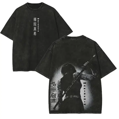 Men's Casual Round Neck Short-Sleeve Vintage Graphic Tee - Jujutsu Kaisen (JJK) Zenin Maki Cute Print, Distressed Pure Cotton Menswear Top, Anime Merchandise, Sizes S,M,L, Shirts Graphic Tees, Tshirt