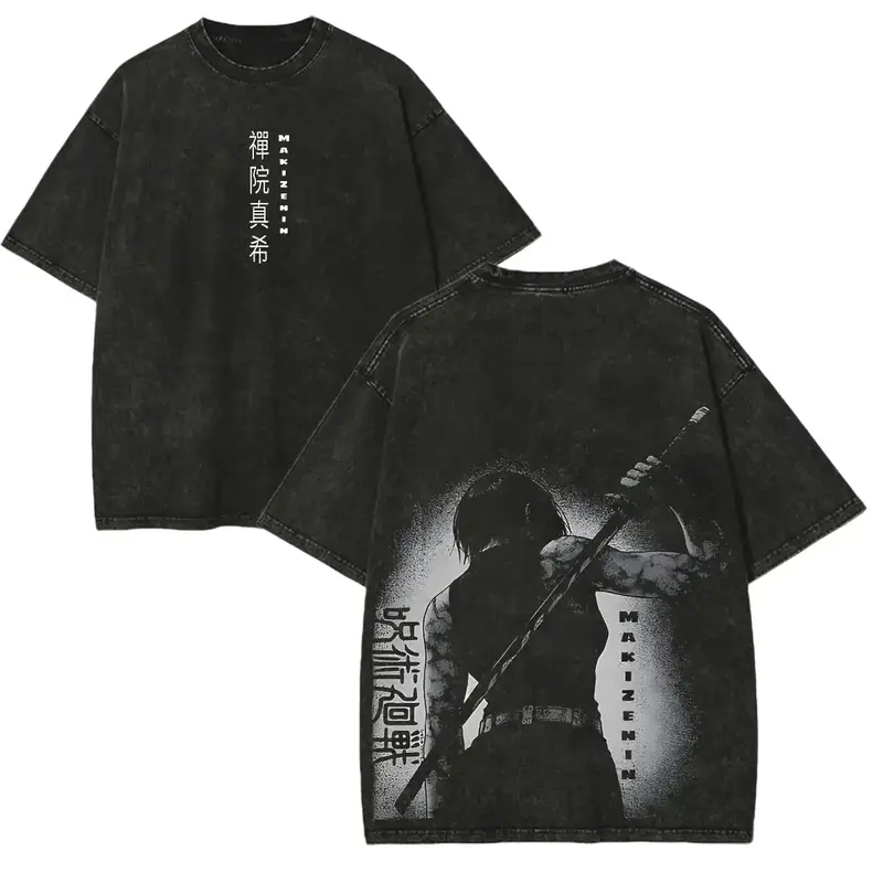 Men's Casual Round Neck Short-Sleeve Vintage Graphic Tee - Jujutsu Kaisen (JJK) Zenin Maki Cute Print, Distressed Pure Cotton Menswear Top, Anime Merchandise, Sizes S,M,L, Shirts Graphic Tees, Tshirt