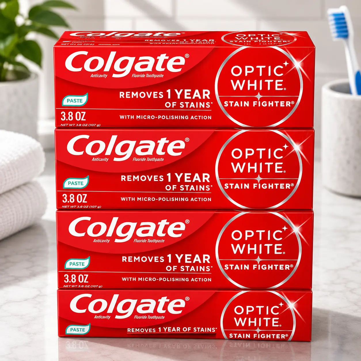 Colgate Optic White Stain Fighter Whitening Toothpaste, Mint, 4 Pack, 3.8oz | Removes 1 Year of Stains With Micro-Polishing Action, Enamel Safe for Everyday Use, Peroxide Free, Fluoride Formulated