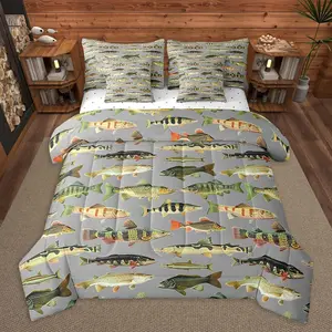 Bass Fish 7 Pieces Comforter Set with Sheets Fishing and Hunting Bedding Set for Kids Boys Girls Rustic Cabin Bed in a Bag,Microfiber