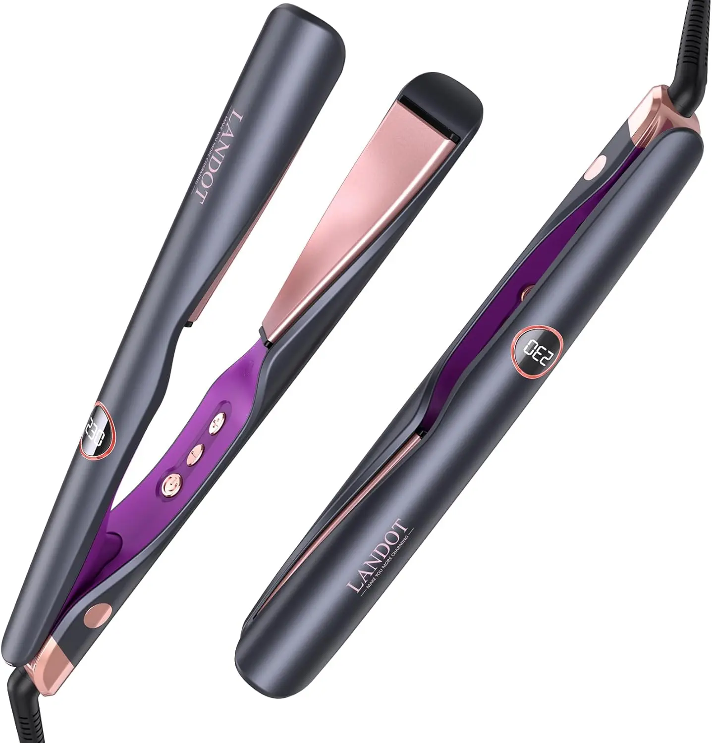 LANDOT 2-in-1 Hair Straightener and Curler, Ceramic Twist Iron Dual Voltage | Flat Curling Iron, Anti-Frizz Ionic, Smooth Glide Floating Plates, 30s Fast Heat-Up, 12 Temps 250-450°F, All Hair Types