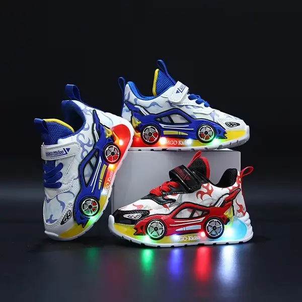 Cartoon Car LED Light-Up Toddler Sneakers, Non-Slip PVC Sole Hook & Loop Athletic Shoes for Boys Girls Ages 1-6, All Season Daily Walking Casual Low Top