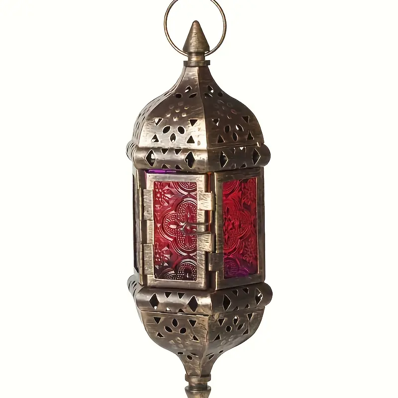 1pc Hanging Candle Lantern, Retro Moroccan Candle Holder, Tricolor Glass, Vintage Elegance, Hollow Metal Glass Candle Holder Lantern For Home Patio Christmas Decorations, Perfect For Christmas And Halloween Decorations Mount Ornaments Lighting Black