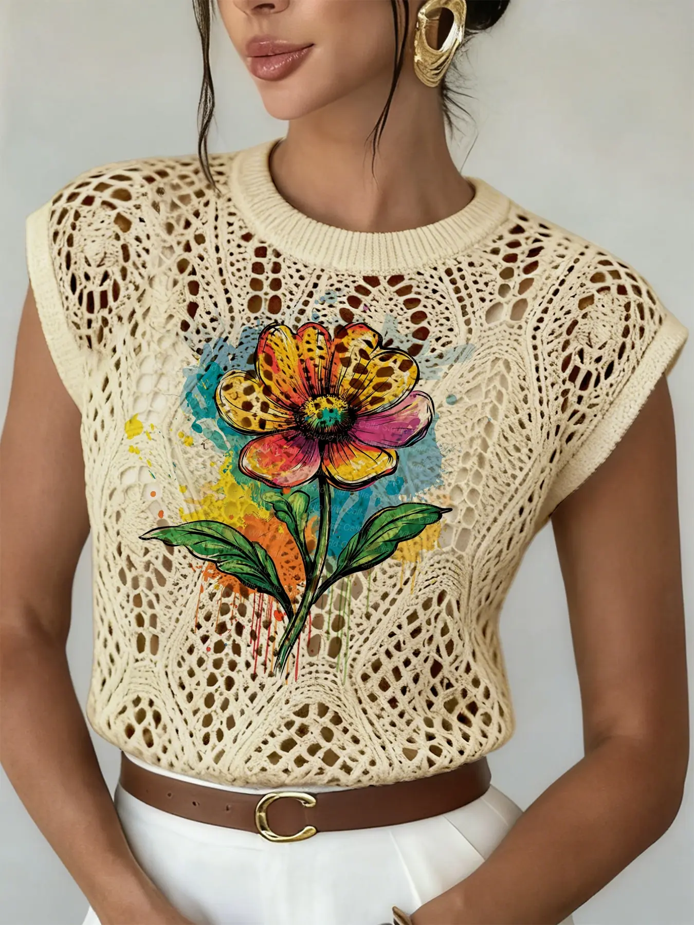 Women's Elegant Watercolor Daisy Floral Print Hollow Out Round Neck Knit Sweater, Casual Daily Wear, Comfortable Versatile Top for Spring Summer Fall