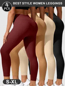 Women's High-Waisted Ribbed Leggings, Stretchy Soft Leggings, Butt-Lifting Seamless Yoga Pants, Pack of 4, Comfortable and Stylish Bottoms for Daily Wear