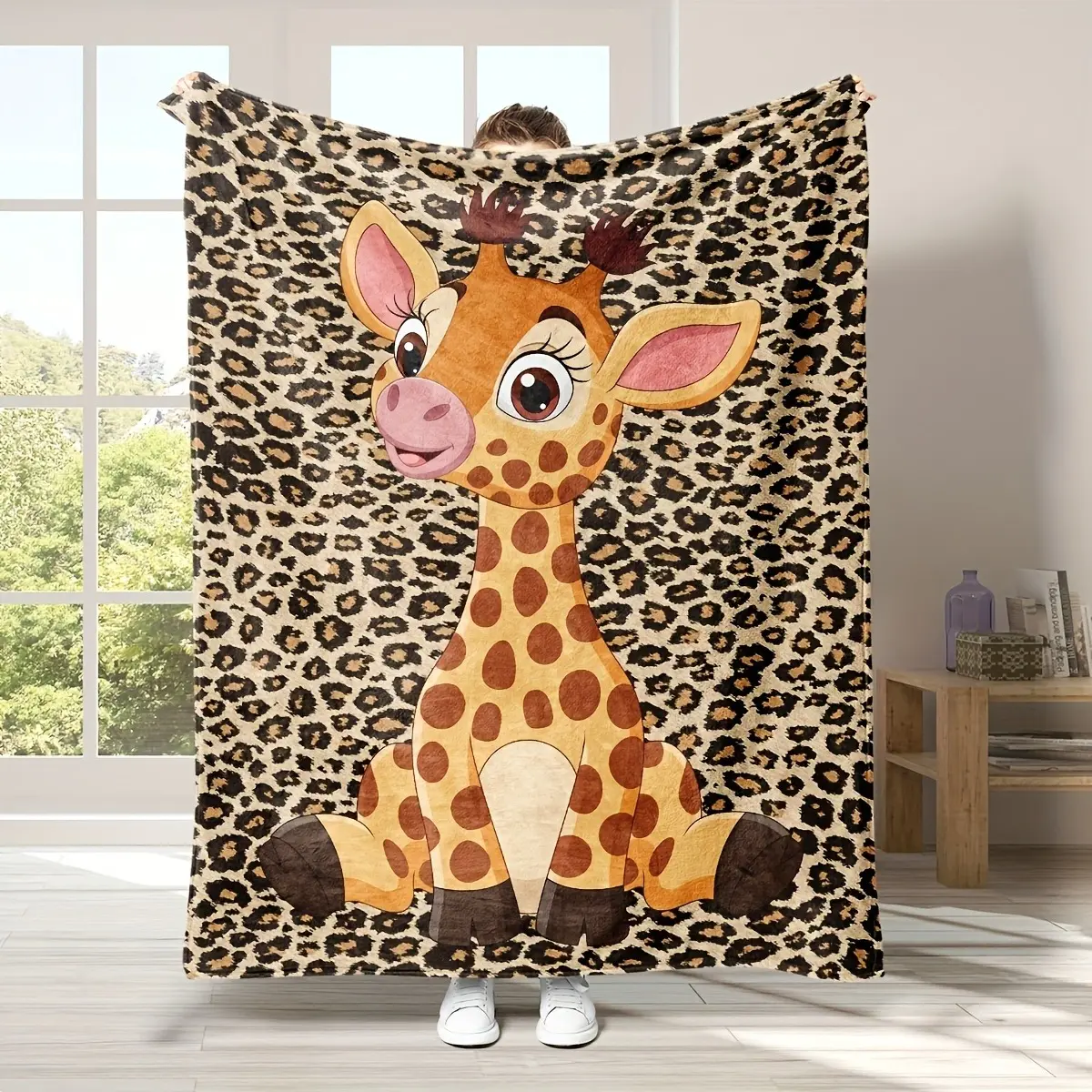Cartoon Baby Giraffe Leopard Print Flannel Blanket - Soft Cozy Safari Animal Plush Throw, Ideal Birthday Baby Shower Gift for Giraffe Lovers, Kids Nursery Bedroom Sofa Home Decor